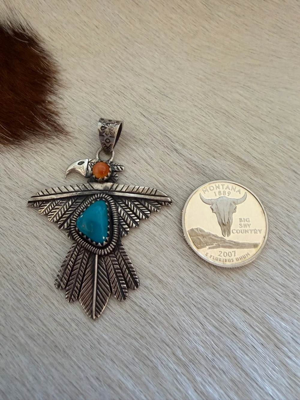 ❤️ Kingman Turquoise Spiny Oyster Thunderbird Navajo Sterling Statement Pendant